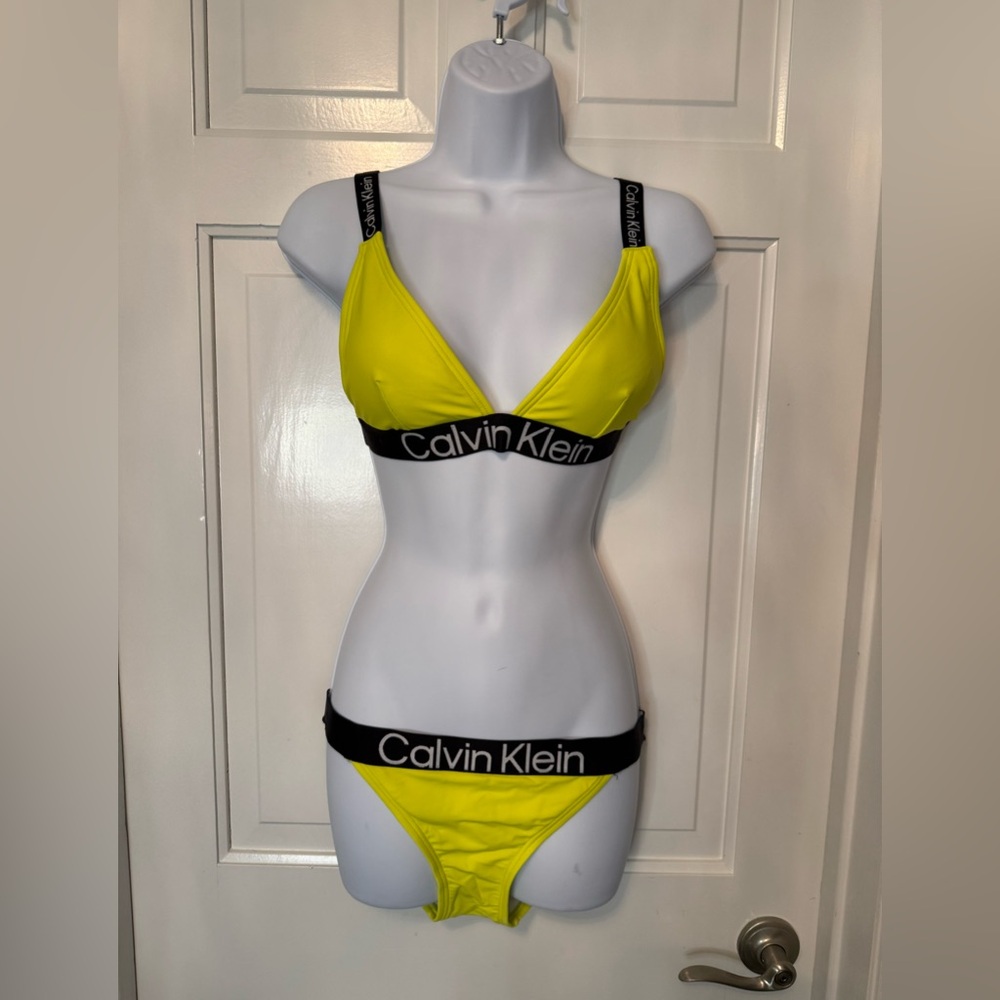 Calvin Klein Neon Yellow Bikini Set Size S Logo Band Swimwear - Picture 2 of 6